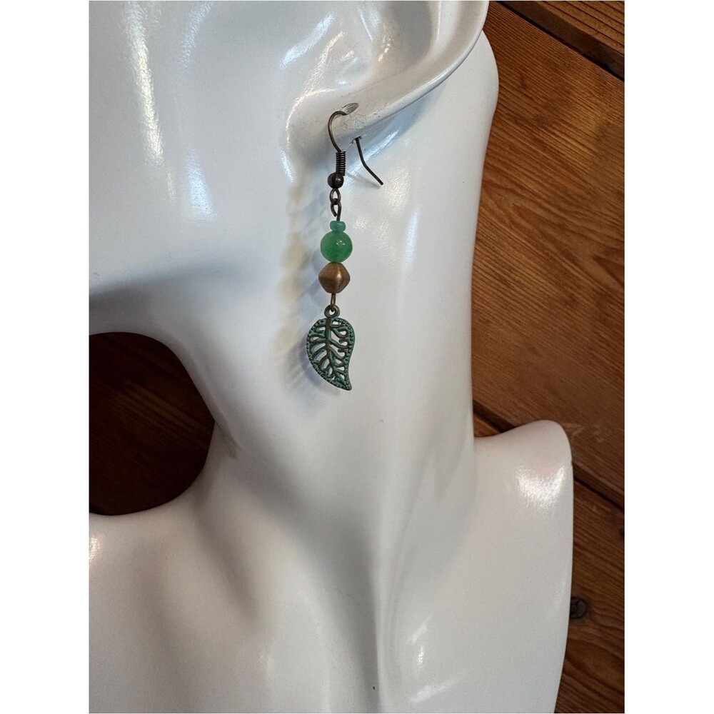Green Leaf Drop Earrings with Bead Accent 2"